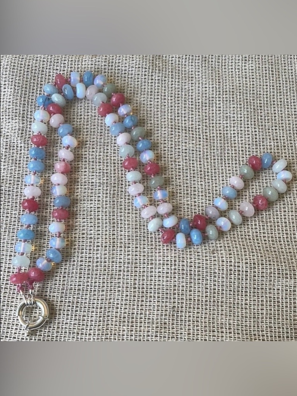 Stone morganite Rainbow with opal stone knotted necklace 24” amazing